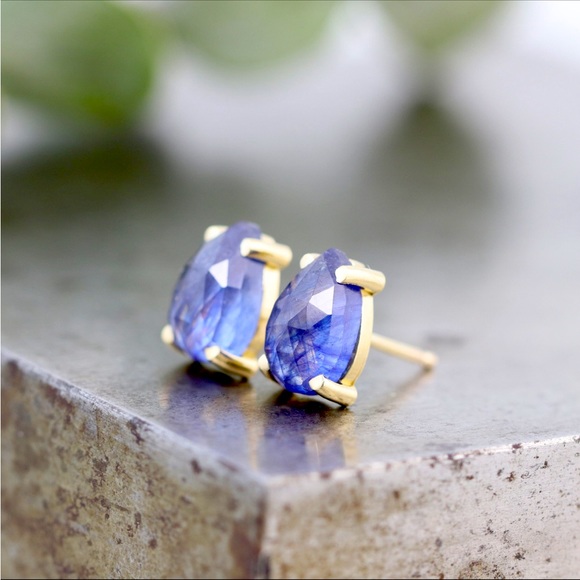 14K Natural Sapphire Rose Cut Teardrop Earrings.  Unique Pear Sapphire Studs. - Picture 3 of 5